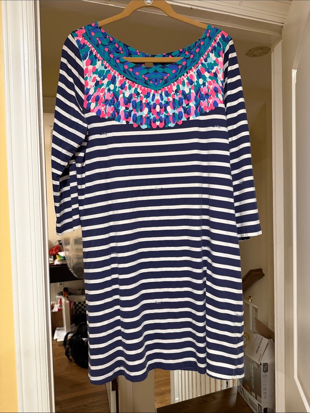 Lilly Pulitzer Navy & White Striped Dress with gem printed neckline XL